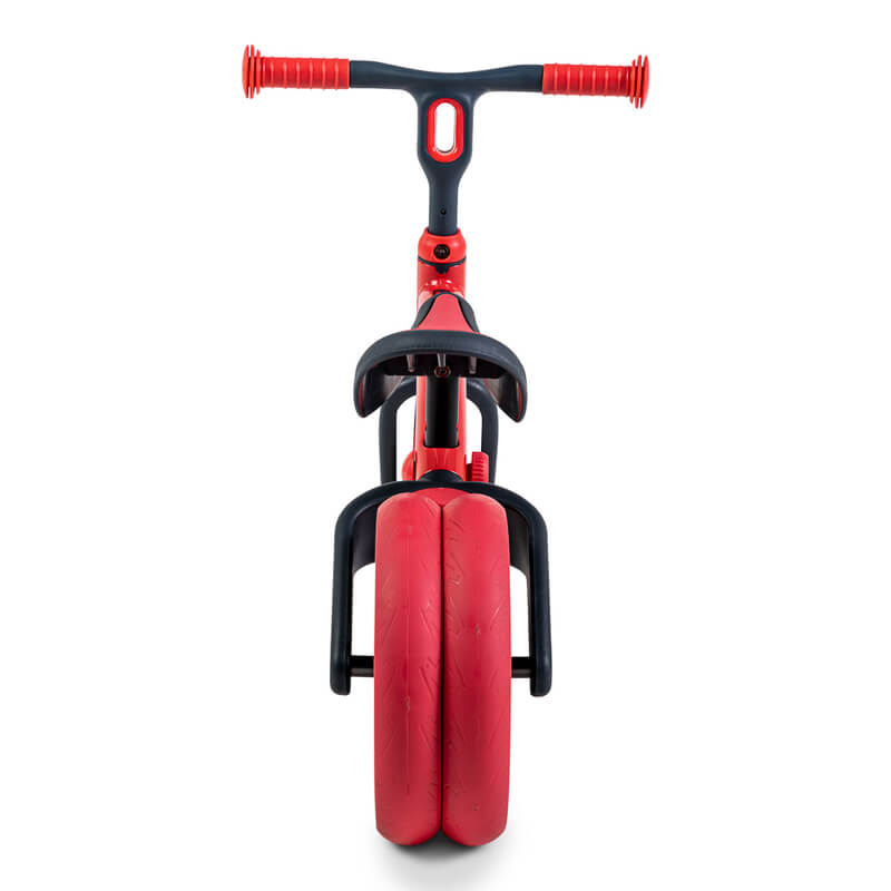 Velo Junior red balance bike for toddlers – two‑stage no‑pedal training bike with dual rear wheels, adjustable seat and handlebars, lightweight aluminum frame and puncture‑proof wheels