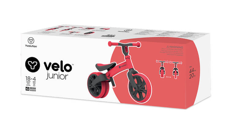 Velo Junior red balance bike for toddlers – two‑stage no‑pedal training bike with dual rear wheels, adjustable seat and handlebars, lightweight aluminum frame and puncture‑proof wheels