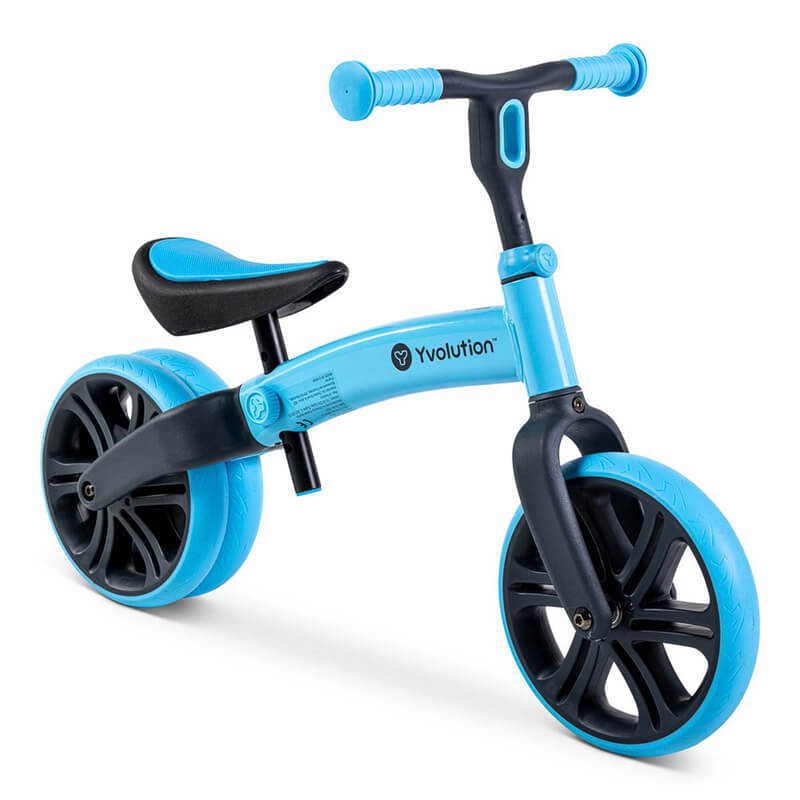 Velo Junior blue balance bike for toddlers – two‑stage no‑pedal training bike with dual rear wheels, adjustable seat and handlebars, lightweight aluminum frame and puncture‑proof wheels