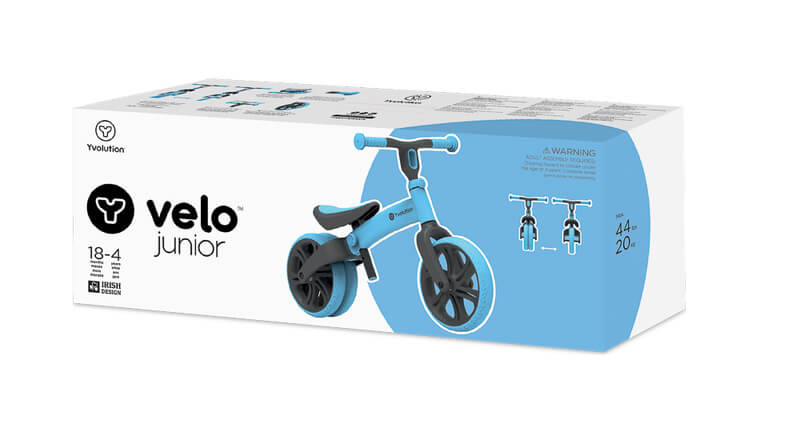 Velo Junior blue balance bike for toddlers – two‑stage no‑pedal training bike with dual rear wheels, adjustable seat and handlebars, lightweight aluminum frame and puncture‑proof wheels