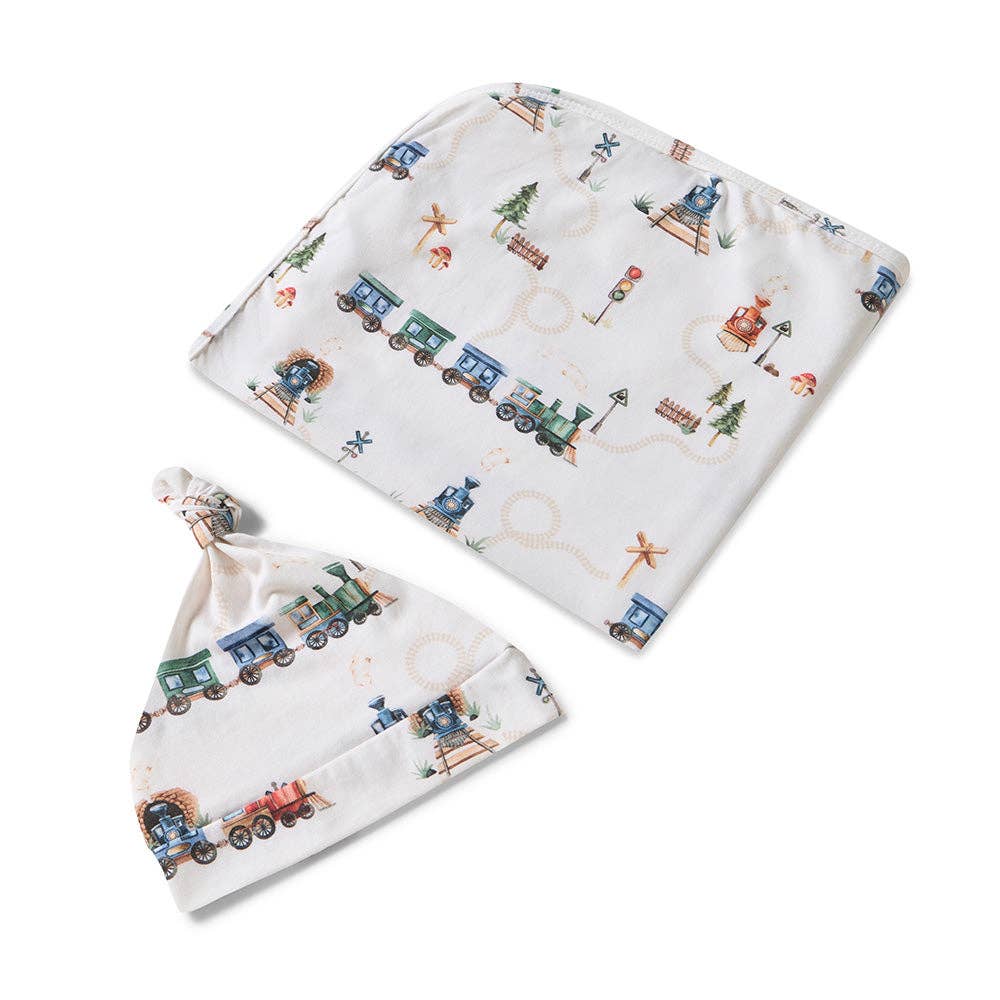 Snuggle Hunny | Organic Jersey Wrap & Beanie Set | Trains