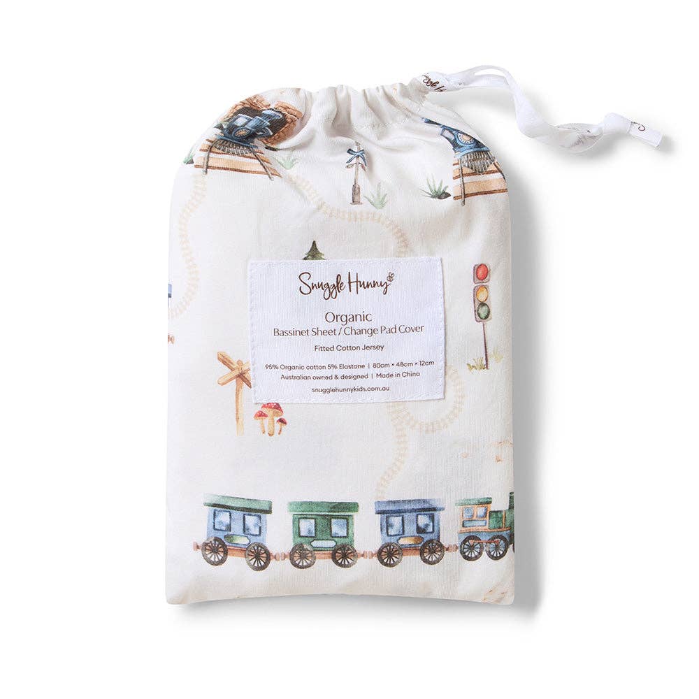 Snuggle Hunny | Organic Bassinet Sheet / Change Pad Cover | Trains