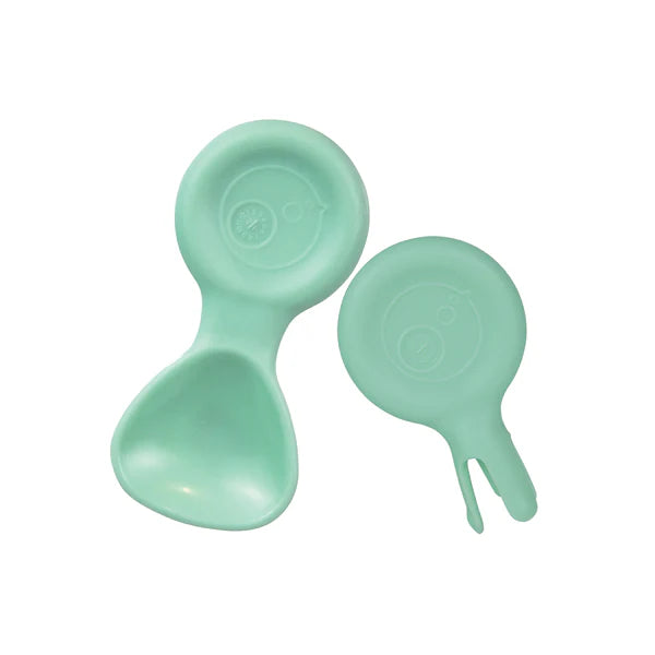 b.box Mini Spoon & Flork Duo in mint – compact BPA-free toddler cutlery set with easy-grip handles and rounded prongs for independent eating