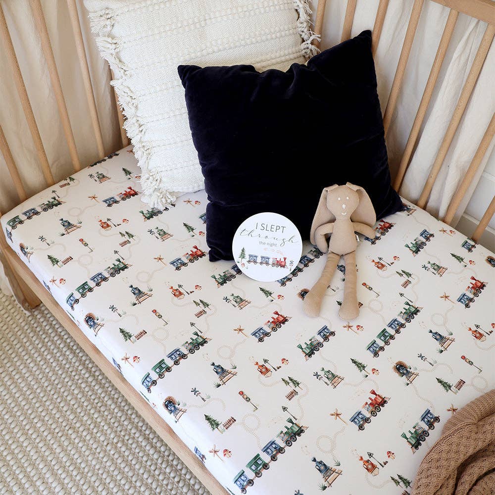 Snuggle Hunny | Organic Fitted Cot Sheet | Trains