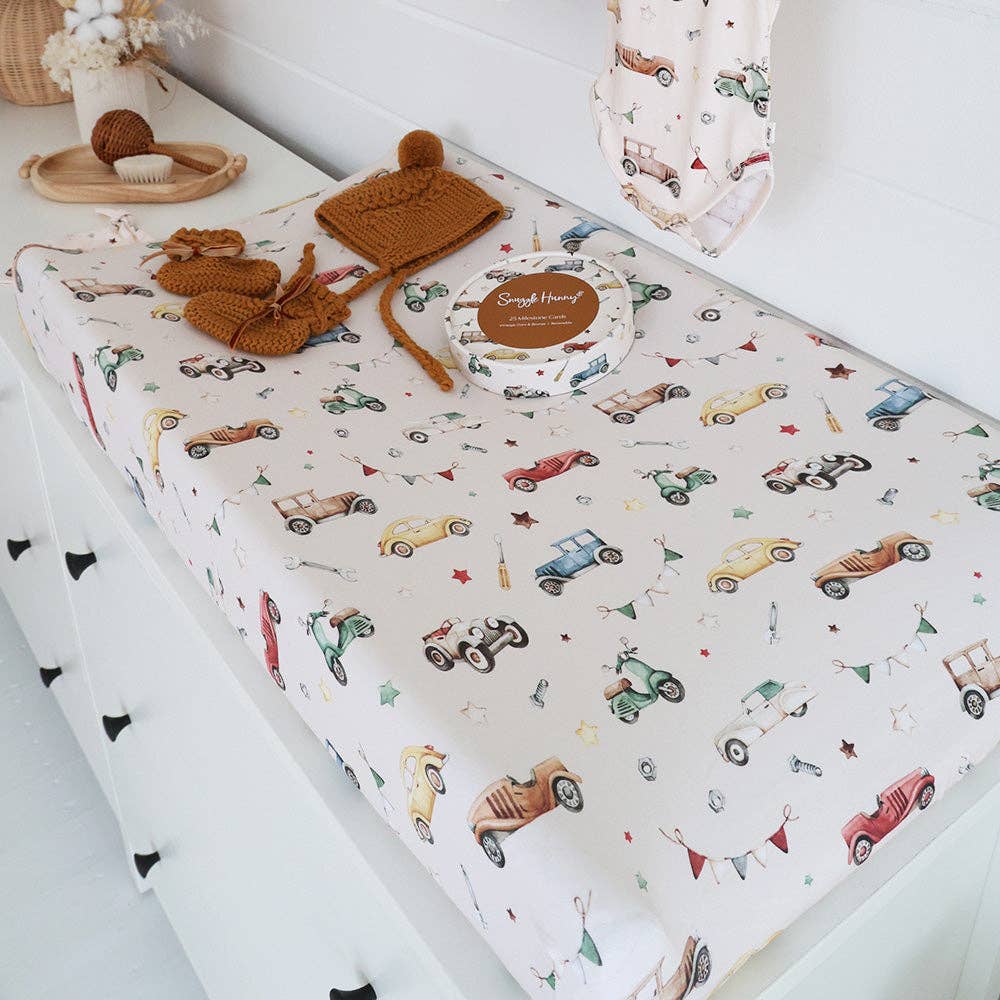Snuggle Hunny - Vintage Cars Organic Bassinet Sheet / Change Pad Cover