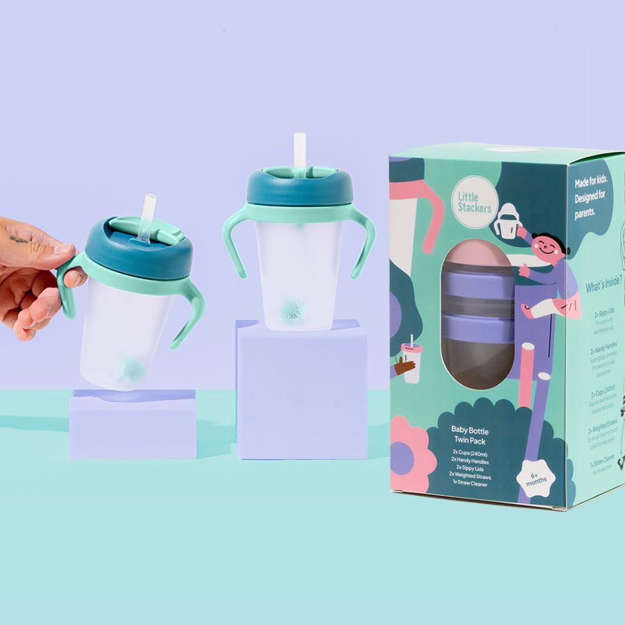Little Stackers | Weighted Straw Sippy Cup Two Pack: Teal Navy