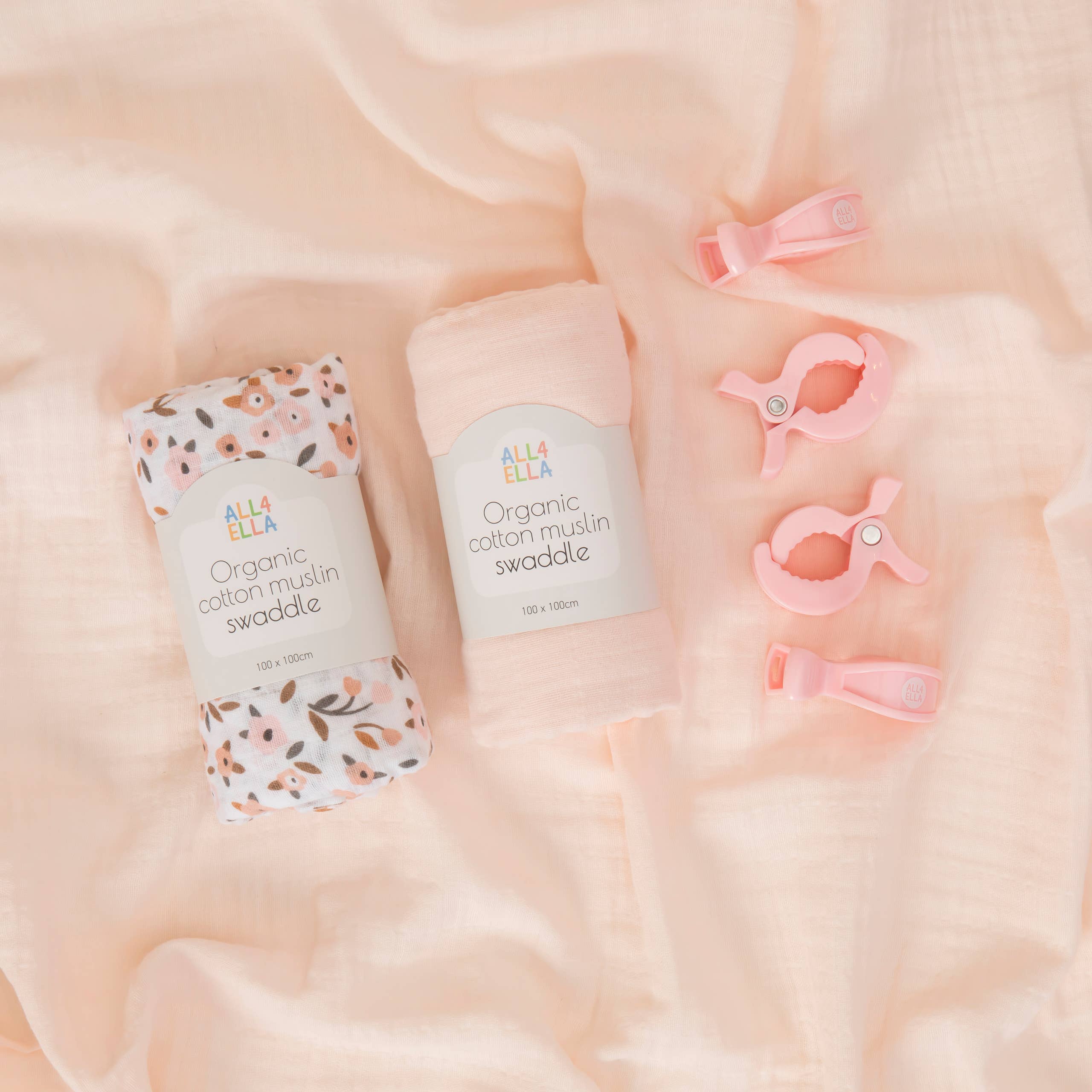All4Ella | Organic Swaddles & 4 Pegs Gift Set | Floral Bouquet