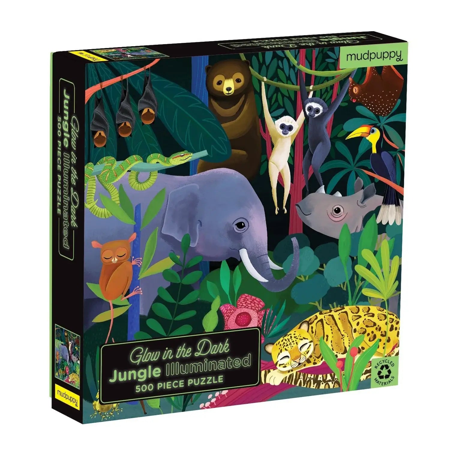 Jungle Illuminated 500‑piece glow‑in‑the‑dark family puzzle by Mudpuppy – vibrant jungle scene with animals that glow when lights are off