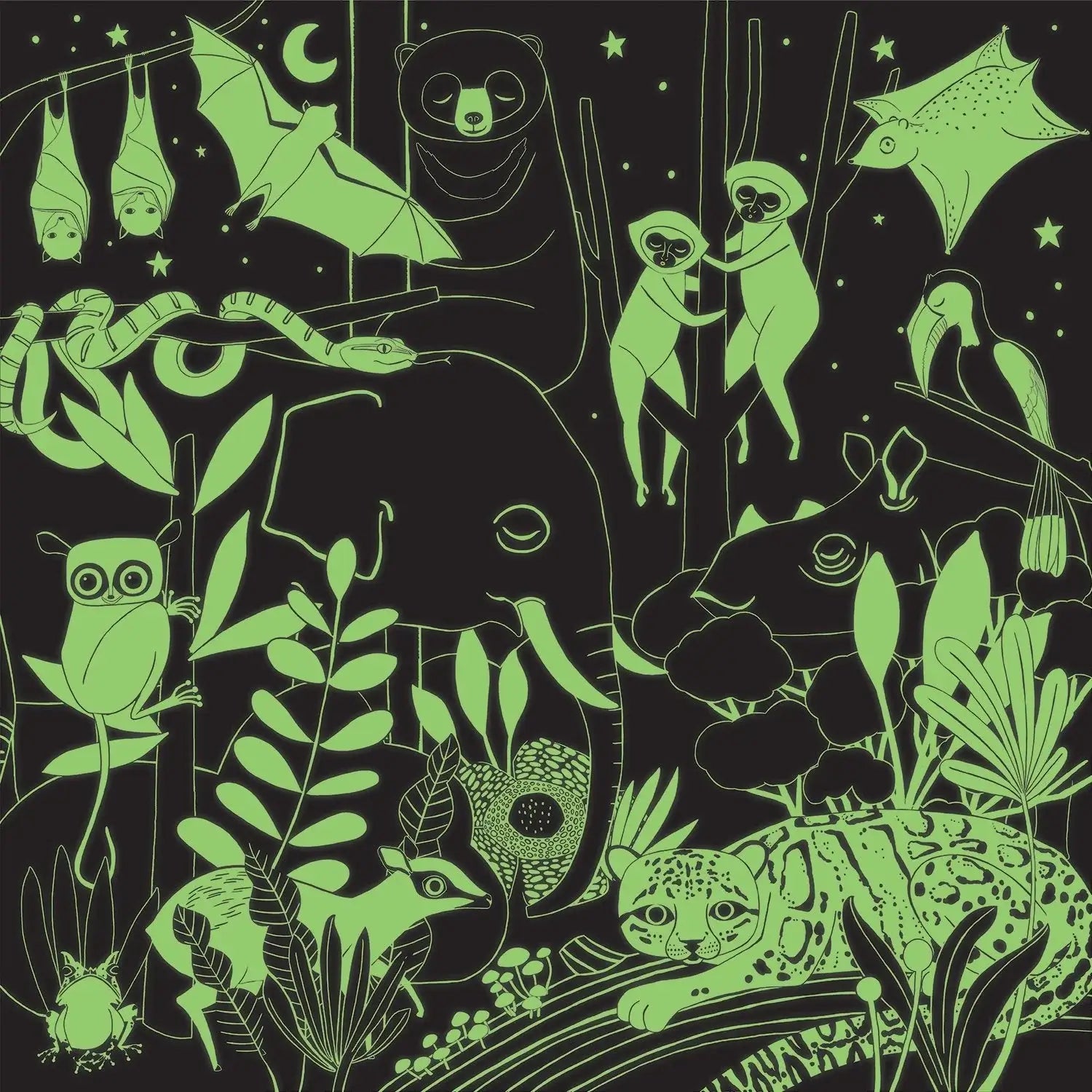 Jungle Illuminated 500‑piece glow‑in‑the‑dark family puzzle by Mudpuppy – vibrant jungle scene with animals that glow when lights are off