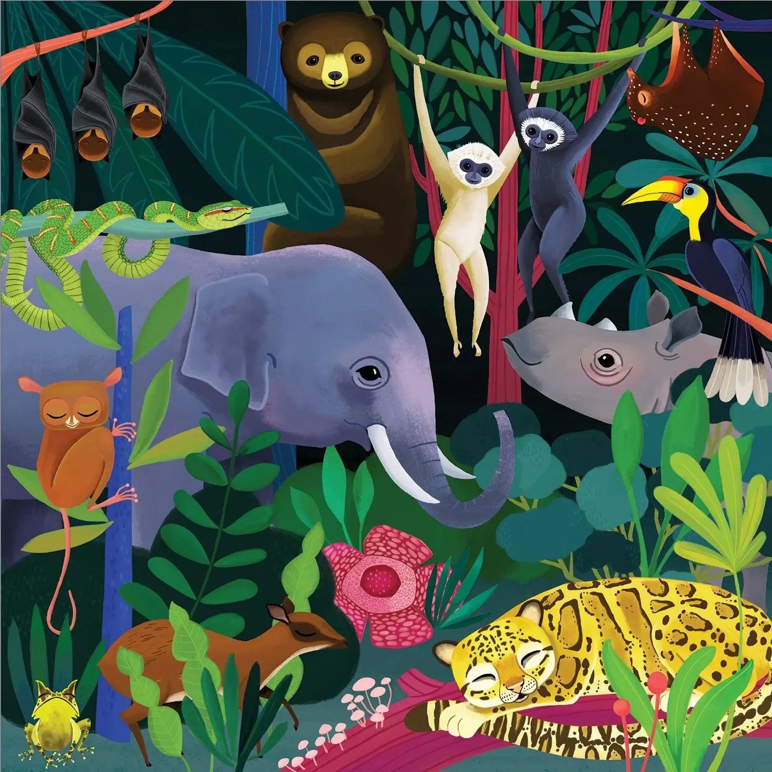 Jungle Illuminated 500‑piece glow‑in‑the‑dark family puzzle by Mudpuppy – vibrant jungle scene with animals that glow when lights are off