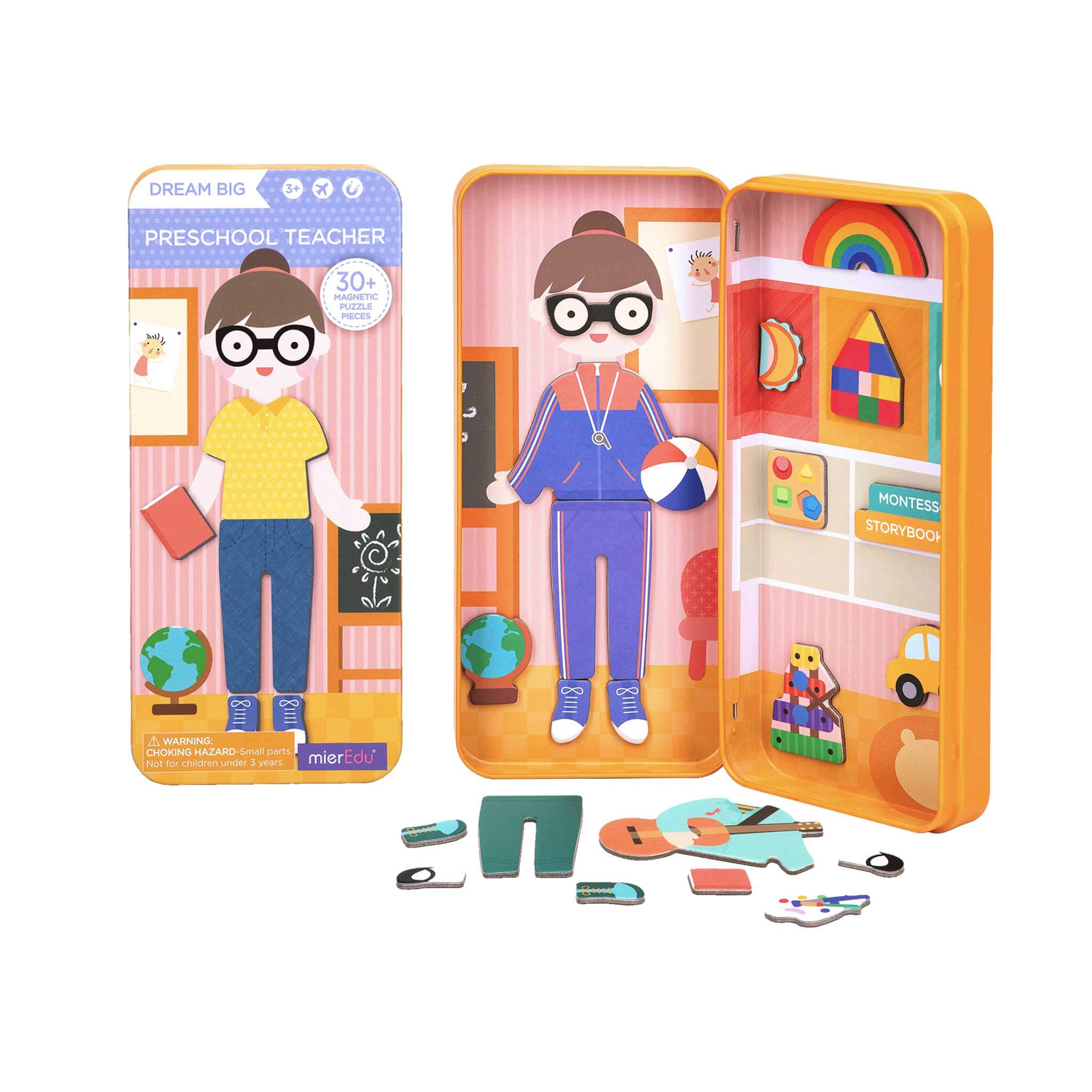MierEdu Magnetic Puzzle Box – Preschool Teacher edition featuring mix-and-match magnetic dress-up pieces and illustrated backgrounds for imaginative play and storytelling