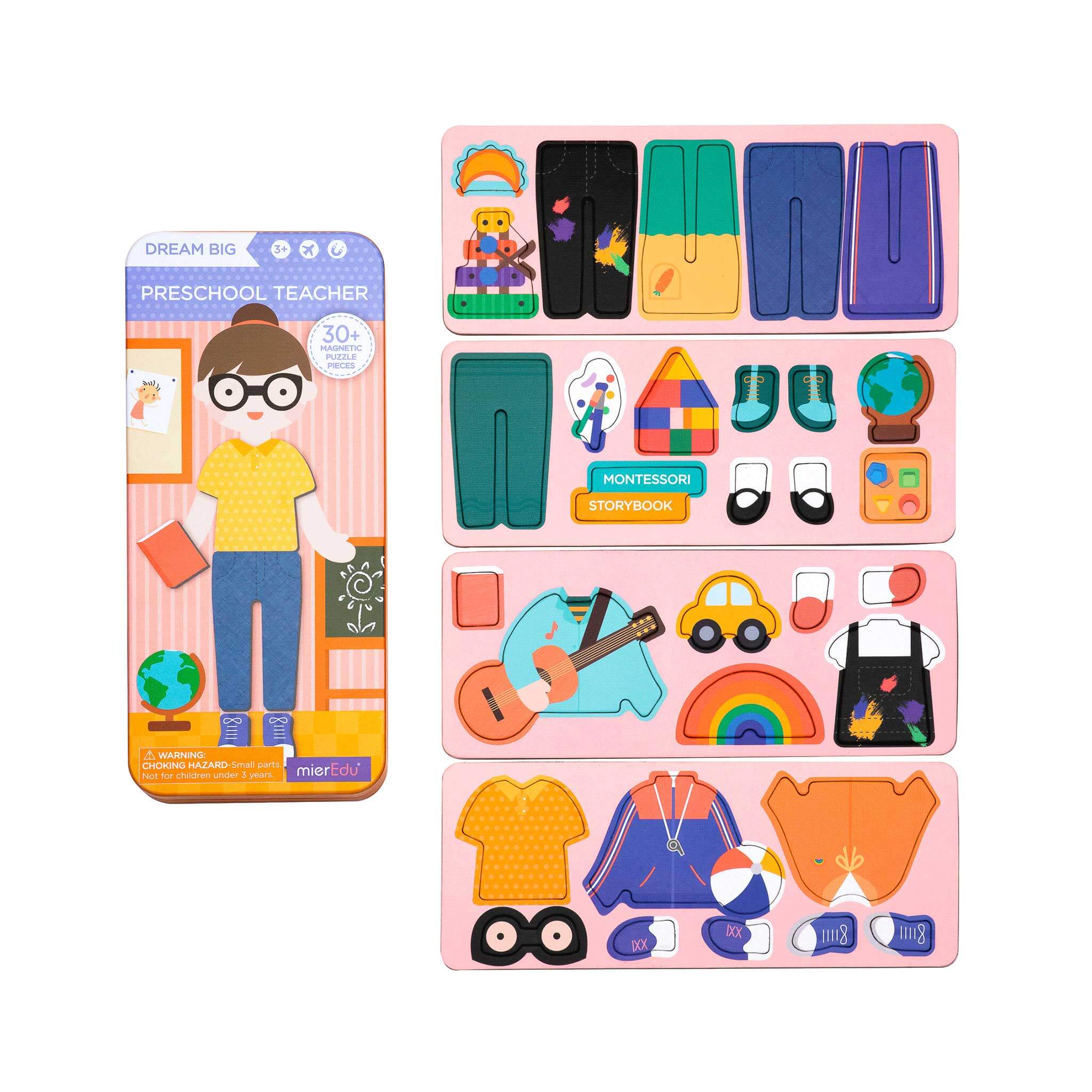 MierEdu Magnetic Puzzle Box – Preschool Teacher edition featuring mix-and-match magnetic dress-up pieces and illustrated backgrounds for imaginative play and storytelling